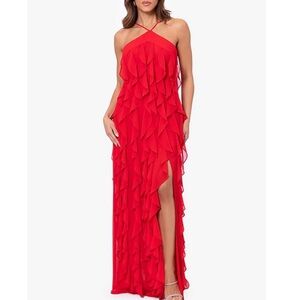 Xscape chiffon halter neck, ruffle twist maxi dress